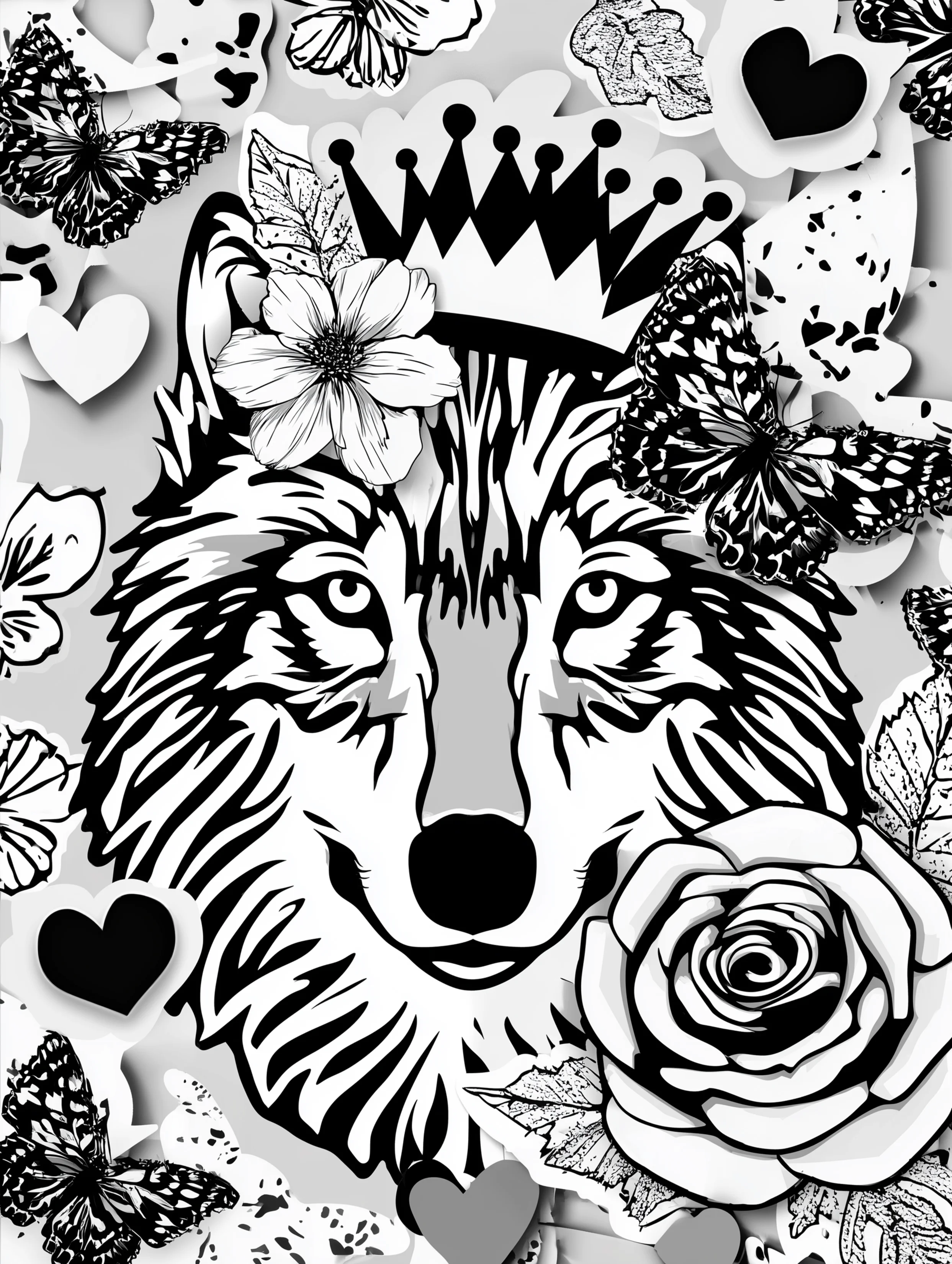 Free printable wolf coloring page for adults featuring a royal wolf wearing a crown